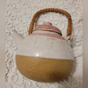 Vintage Teapot Stoneware Signed Weaved Handle Pottery Neutral Pink Cottage Core
